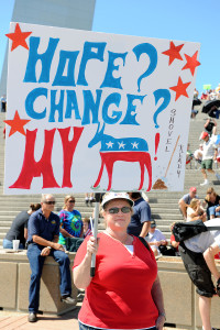 SAINT LOUIS, MISSOURI - SEPTEMBER 12: Woman holding sign at rally