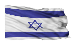 Flying flag of Israeli flying high in wind.