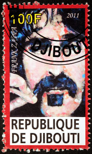 DJIBOUTI - CIRCA 2011: A stamp printed by DJIBOUTI shows portrait of famous American musician songwriter composer recording engineer record producer and film director Frank Vincent Zappa circa 2011
