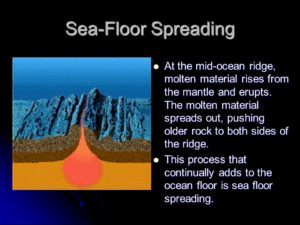 At the mid-ocean ridge, molten material rises from the mantle and erupts. The molten material spreads out, pushing older rock to both sides of the ridge. This process that continually adds to the ocean floor is sea floor spreading.